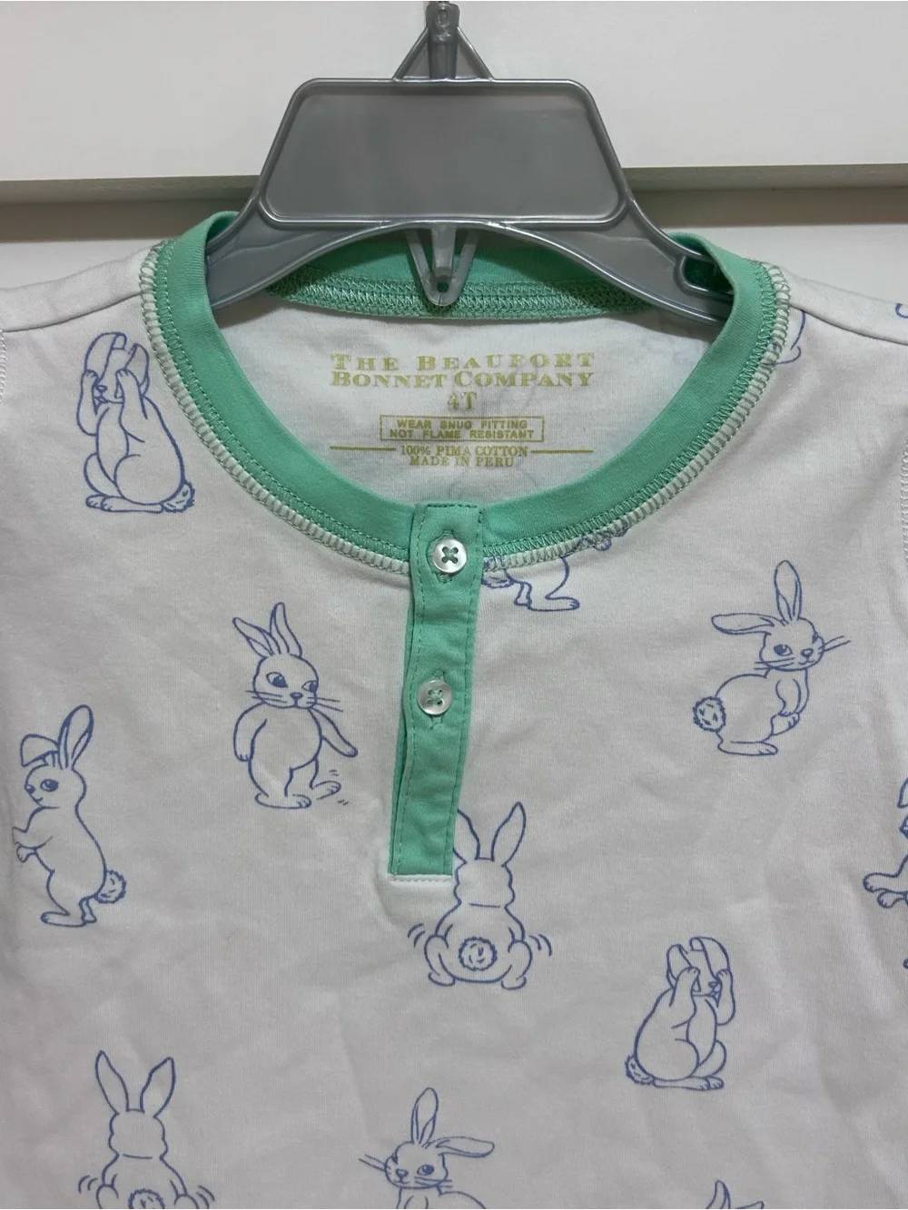 TBBC pajama top size 4T white mint green bunnies long sleeve Pima cotton buttons